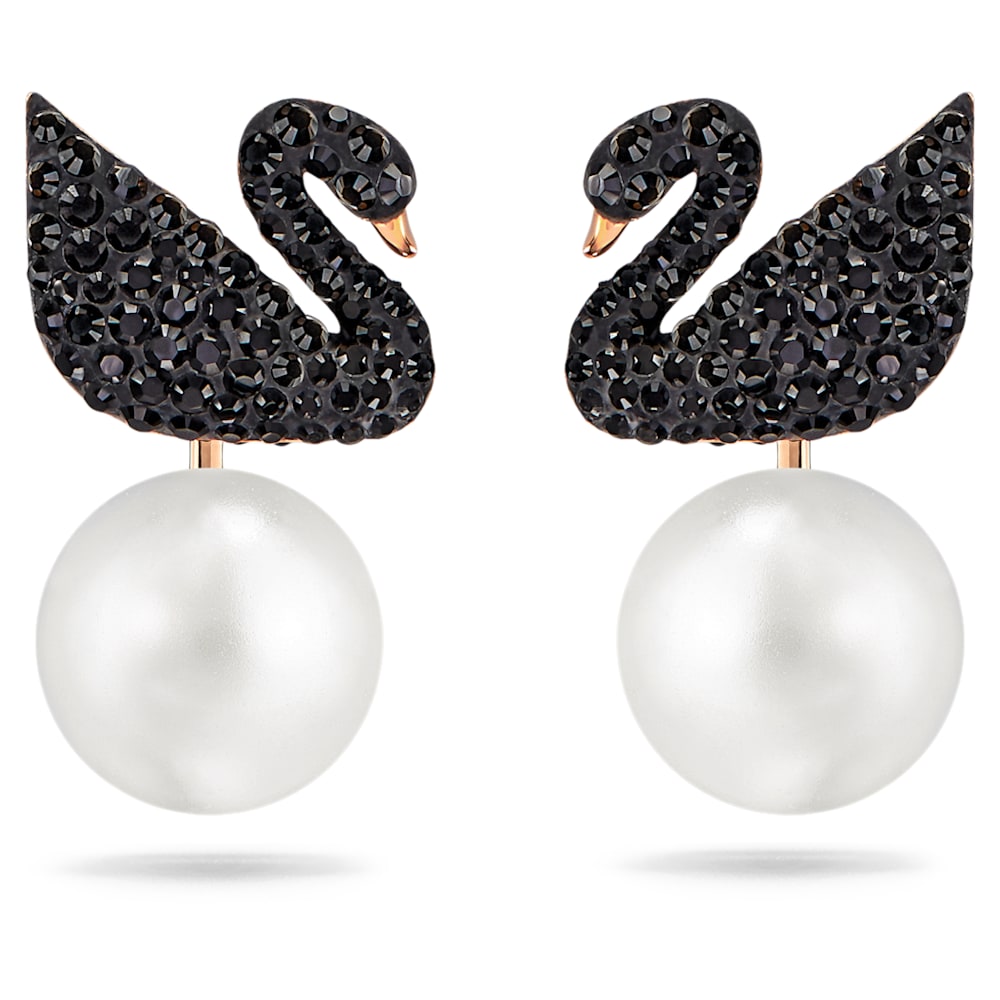 Swarovski Iconic Swan earring jackets, Swan, Black, Rose gold-tone plated