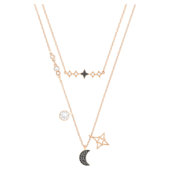 Load image into Gallery viewer, Swarovski Symbolic necklace, Set (2), Moon and star, Black, Rose gold-tone plated
