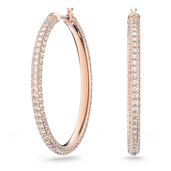 Stone hoop earrings, Pavé, Large, White, Rose gold-tone plated