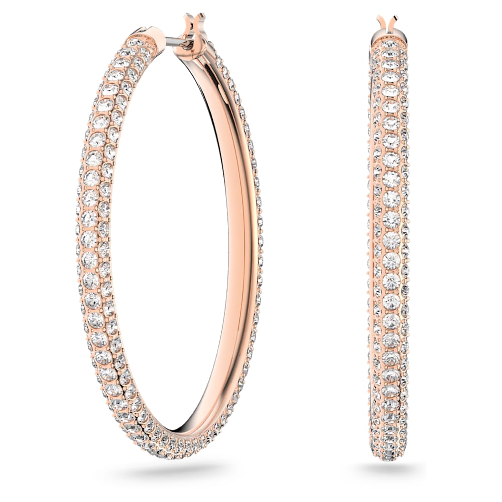 Load image into Gallery viewer, Stone hoop earrings, Pavé, Large, White, Rose gold-tone plated
