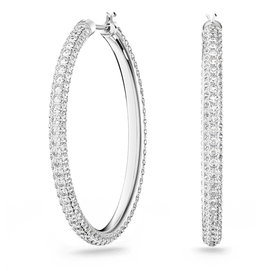 Stone hoop earrings, Pavé, Large, White, Rhodium plated