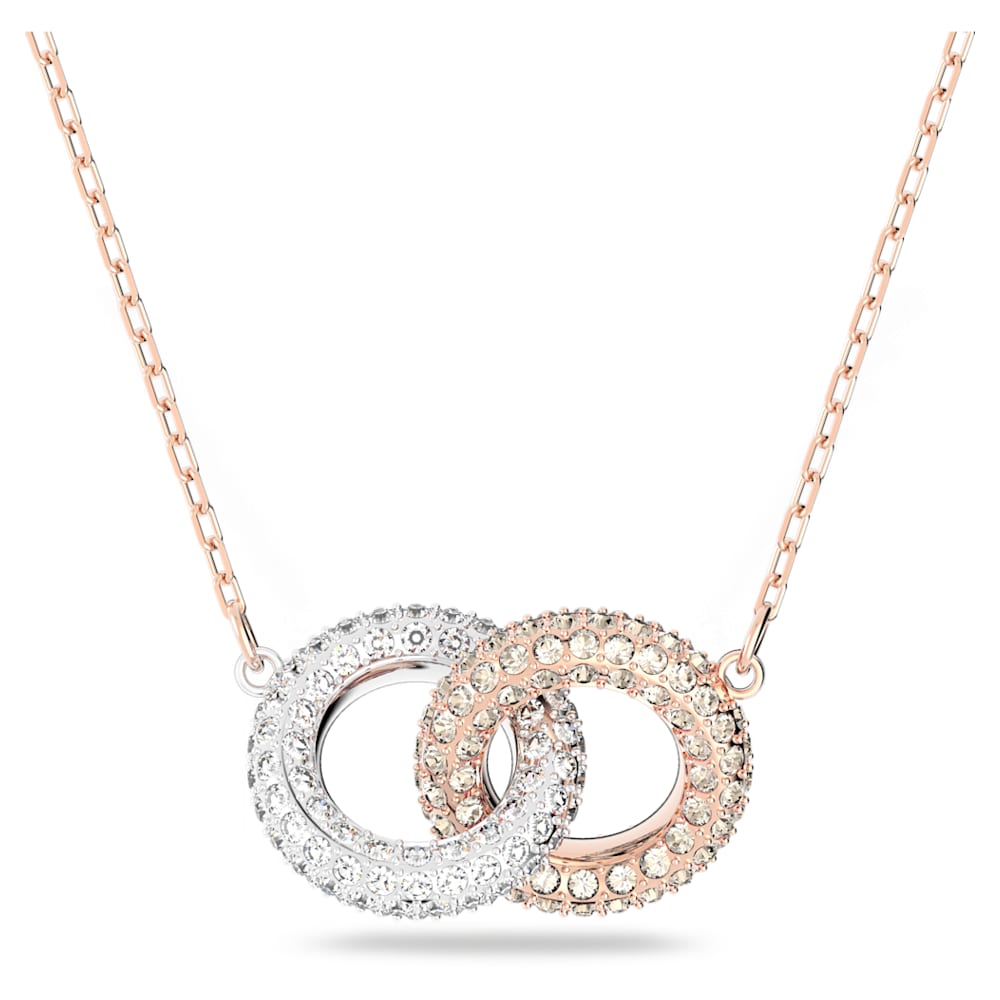 Stone necklace, Intertwined circles, White, Rose gold-tone plated