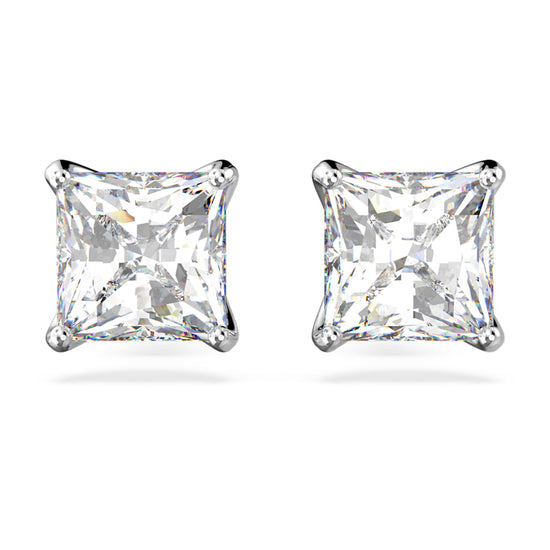 Attract stud earrings, Square cut, White, Rhodium plated