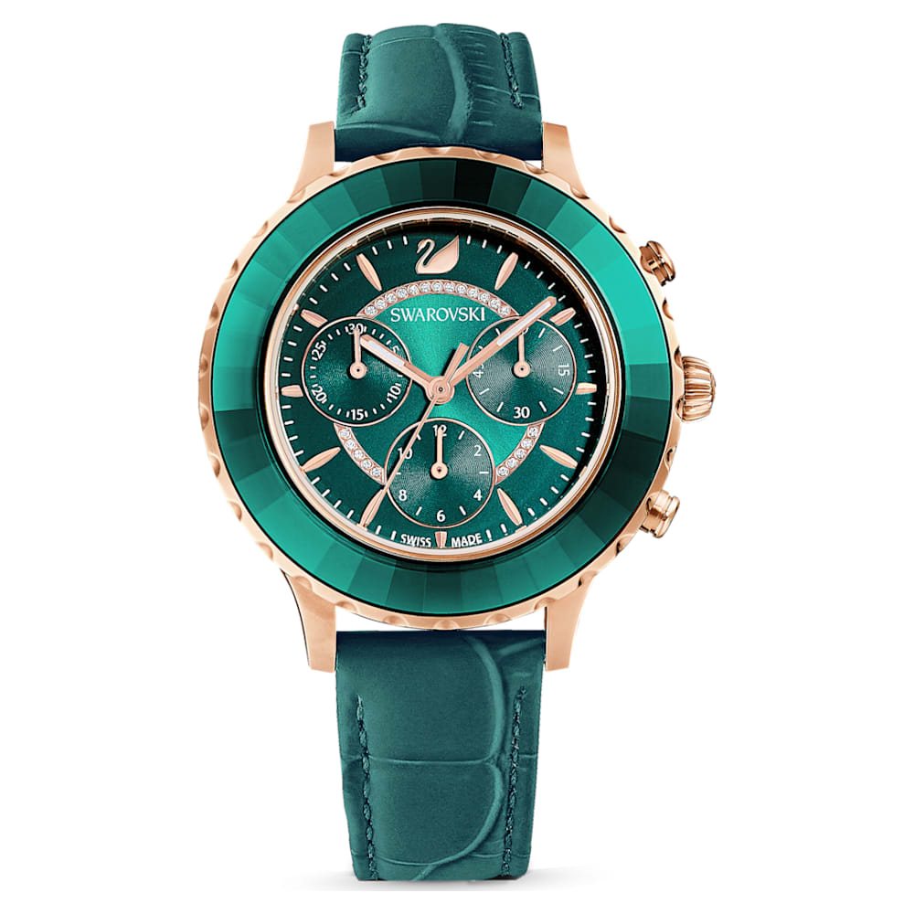 Load image into Gallery viewer, Octea Lux Chrono watch, Swiss Made, Leather strap, Green, Rose gold-tone finish
