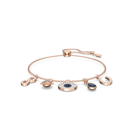 Swarovski Symbolic bracelet, Infinity, evil eye and horseshoe, Blue, Rose gold-tone plated