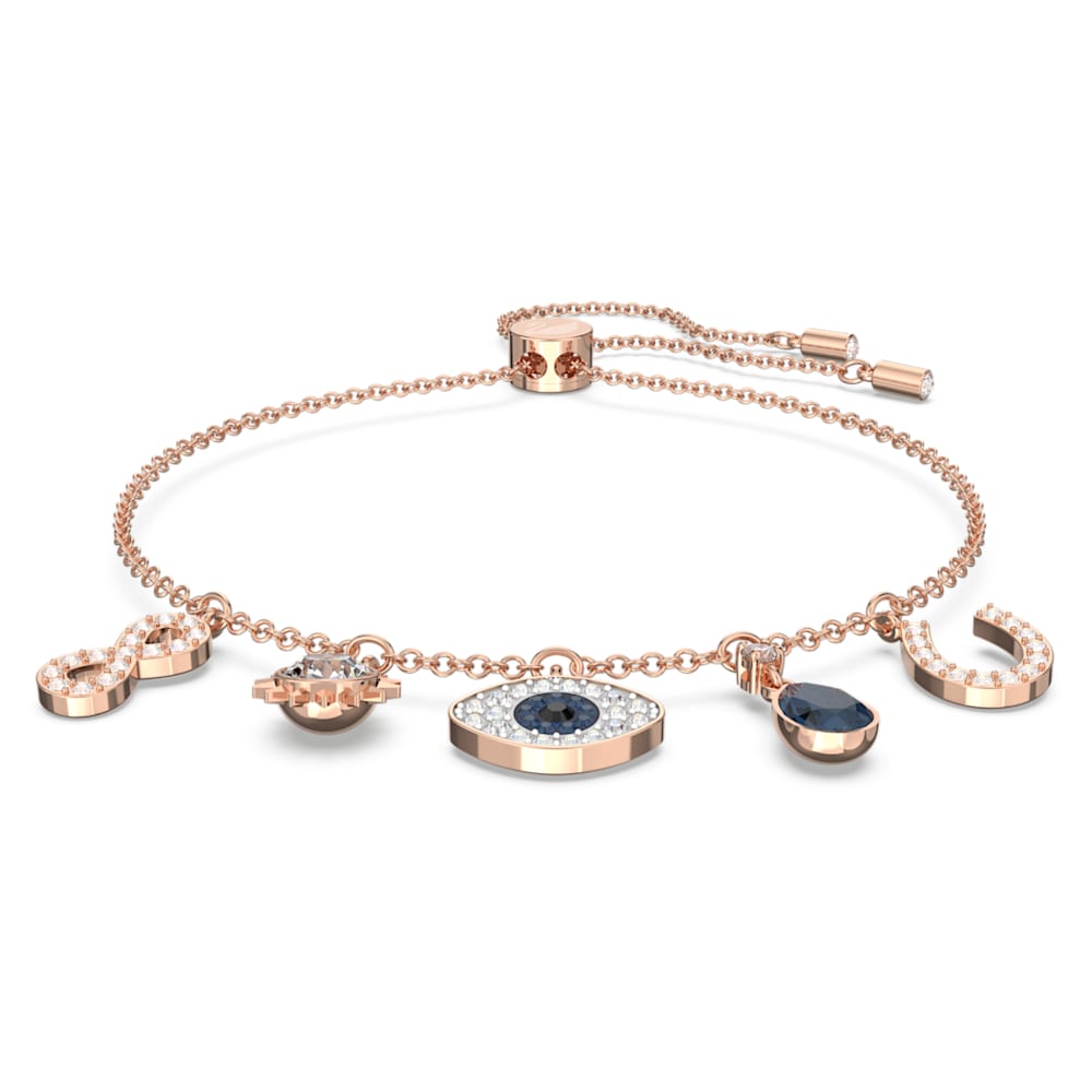 Load image into Gallery viewer, Swarovski Symbolic bracelet, Infinity, evil eye and horseshoe, Blue, Rose gold-tone plated
