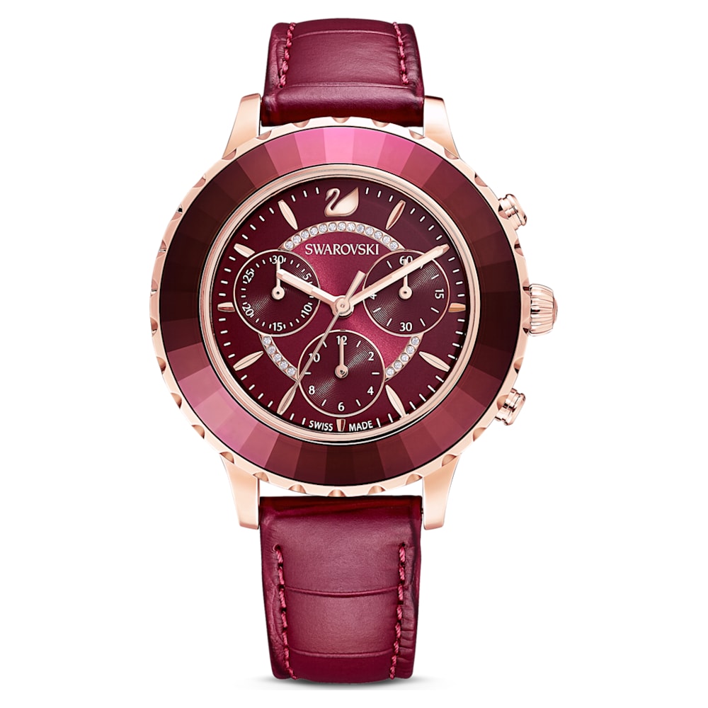 Octea Lux Chrono watch, Swiss Made, Leather strap, Red, Rose gold-tone finish
