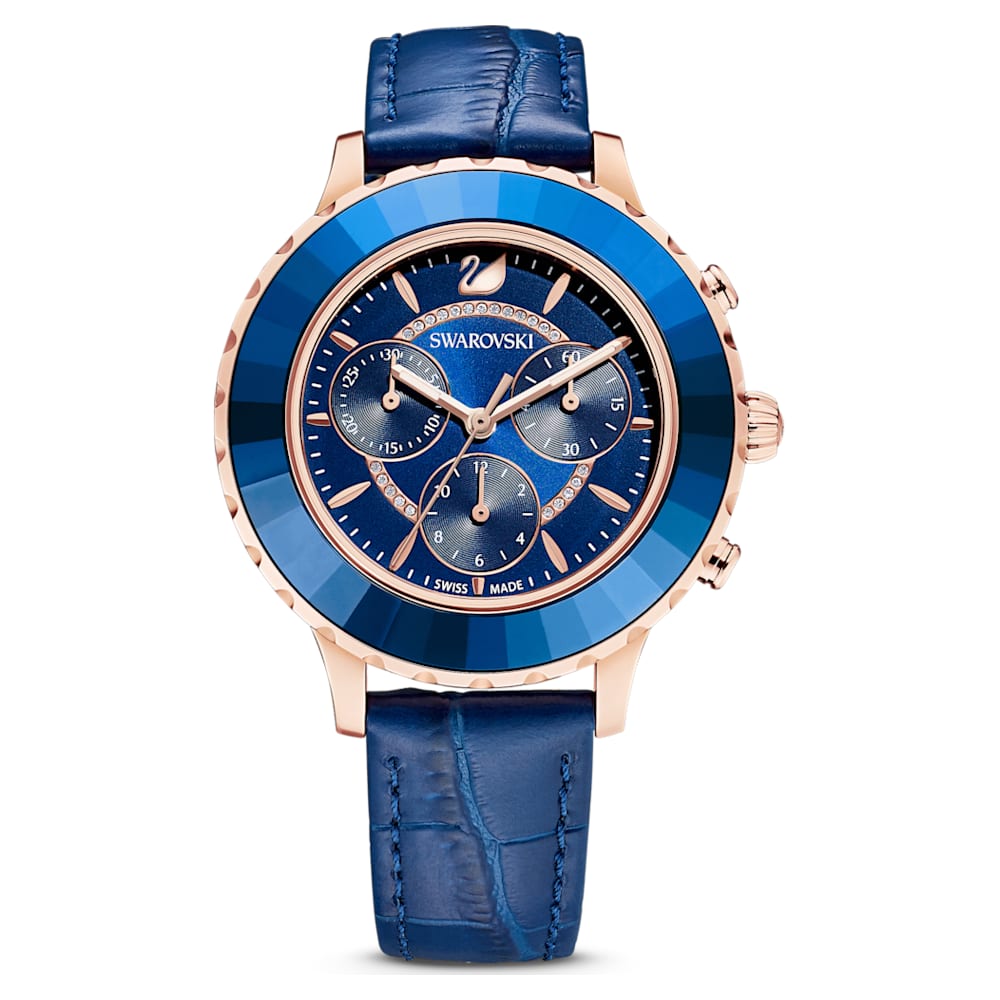 Load image into Gallery viewer, Octea Lux Chrono watch, Swiss Made, Leather strap, Blue, Rose gold-tone finish
