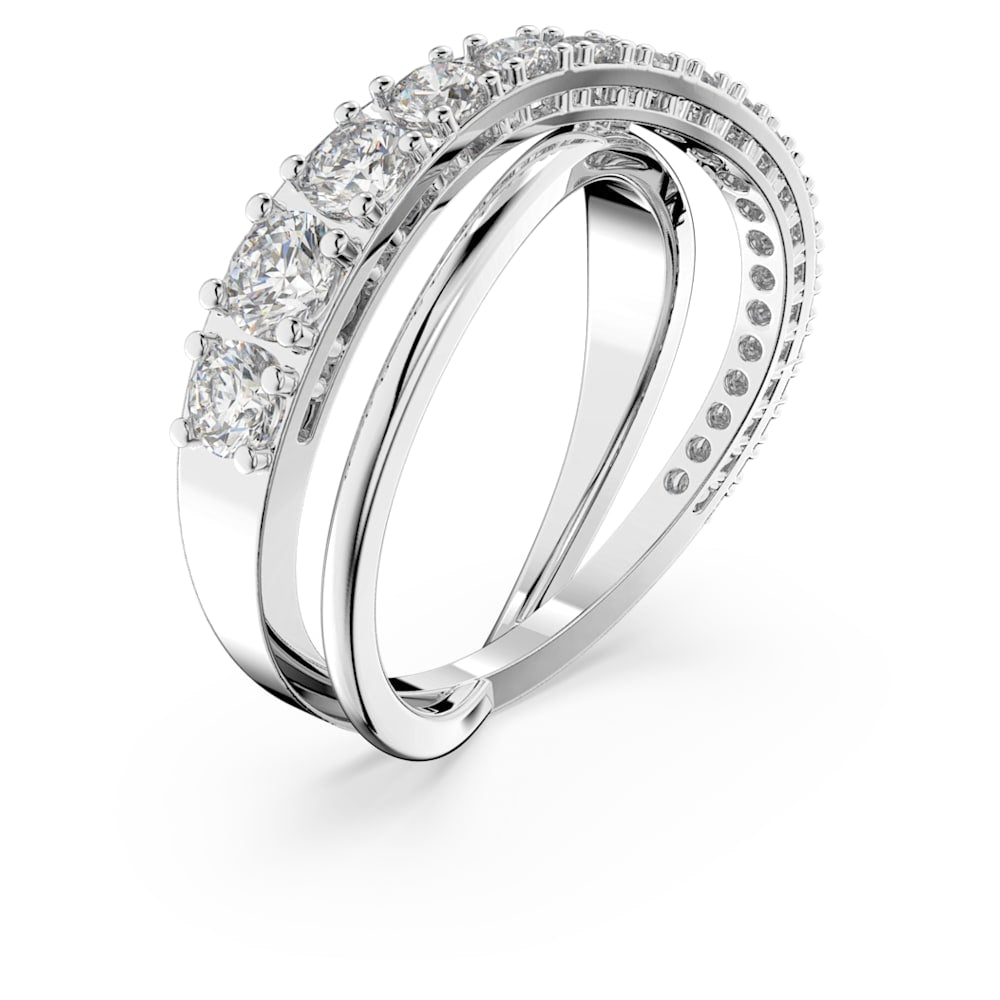 Twist ring, Round cut, White, Rhodium plated Size 52