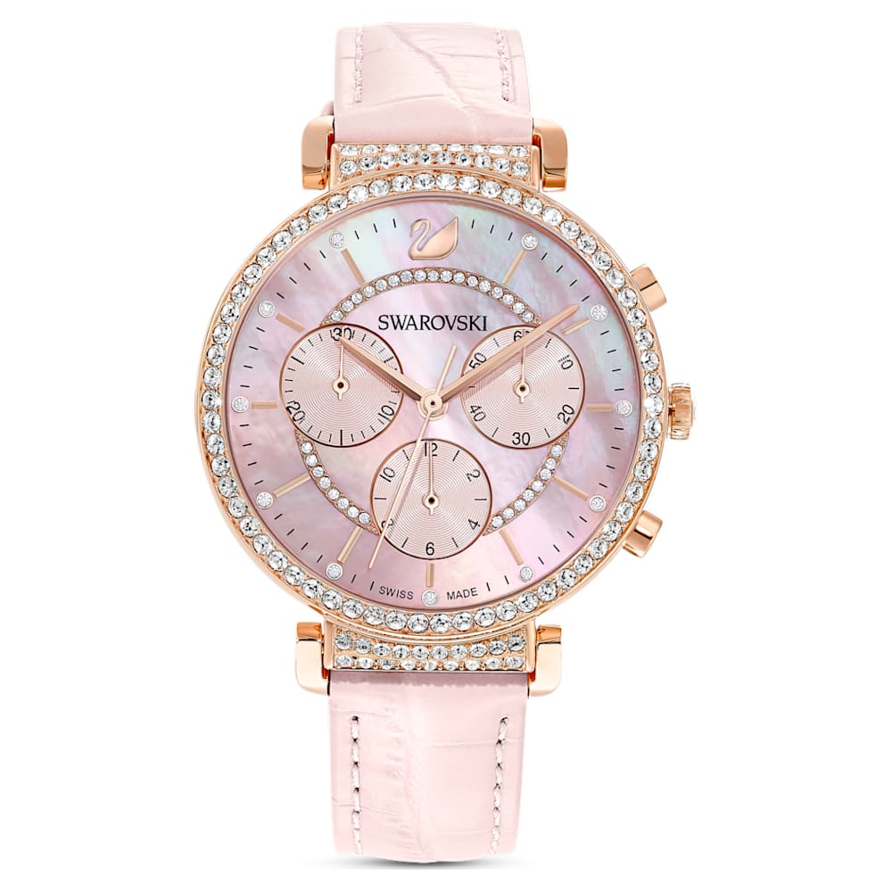 Passage Chrono watch, Swiss Made, Leather strap, Pink, Rose gold-tone finish