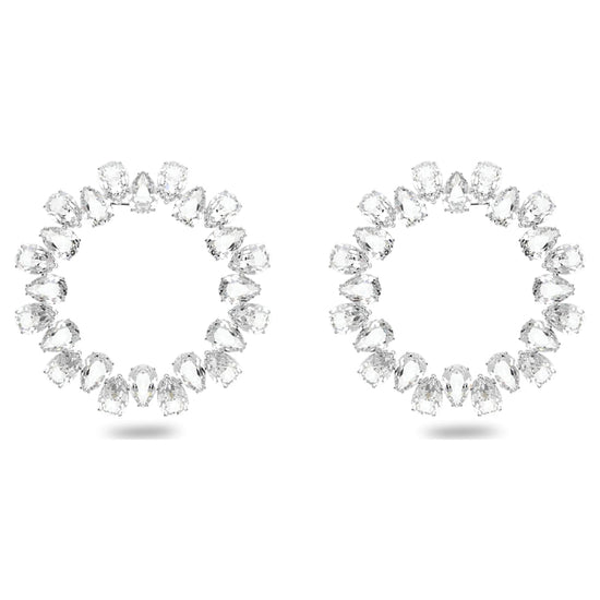 Millenia hoop earrings, Pear cut, Large, White, Rhodium plated