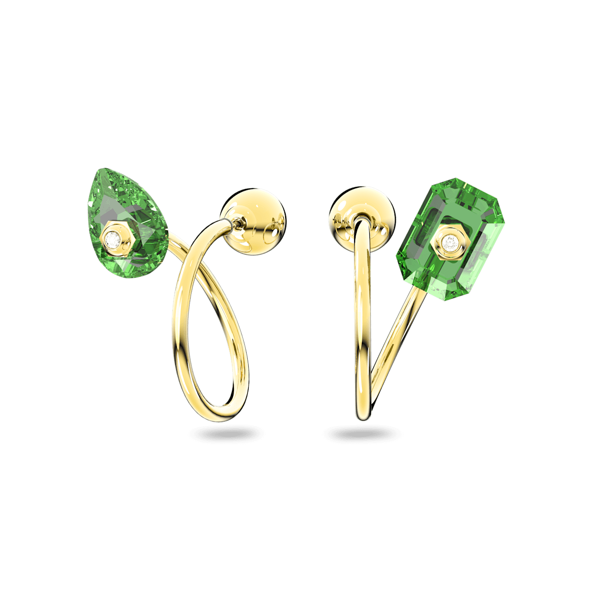 Numina drop earrings, Asymmetrical design, Mixed cuts, Green, Gold-tone plated