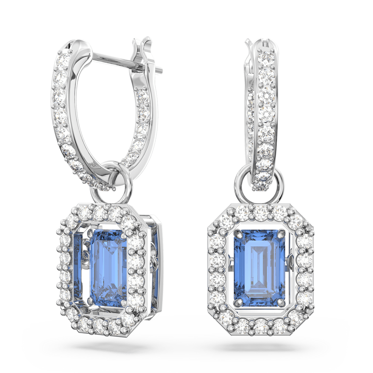 Millenia drop earrings, Octagon cut, Blue, Rhodium plated