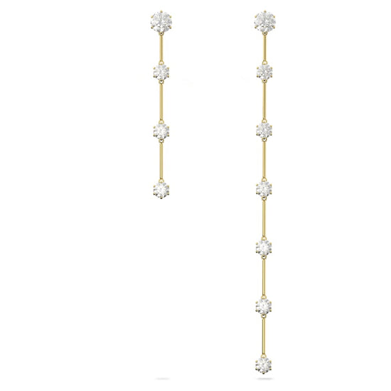 Constella drop earrings, Asymmetrical design, Round cut, White, Shiny gold-tone plated