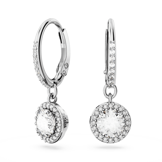 Constella drop earrings, Round cut, Pavé, White, Rhodium plated