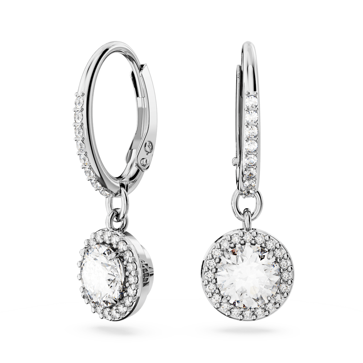 Constella drop earrings, Round cut, Pavé, White, Rhodium plated