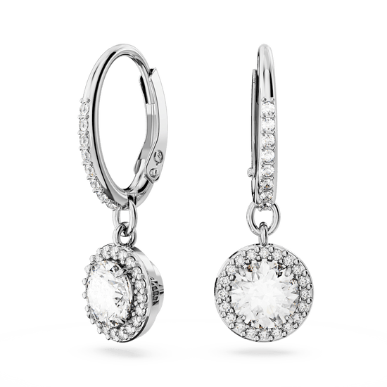 Constella drop earrings, Round cut, Pavé, White, Rhodium plated