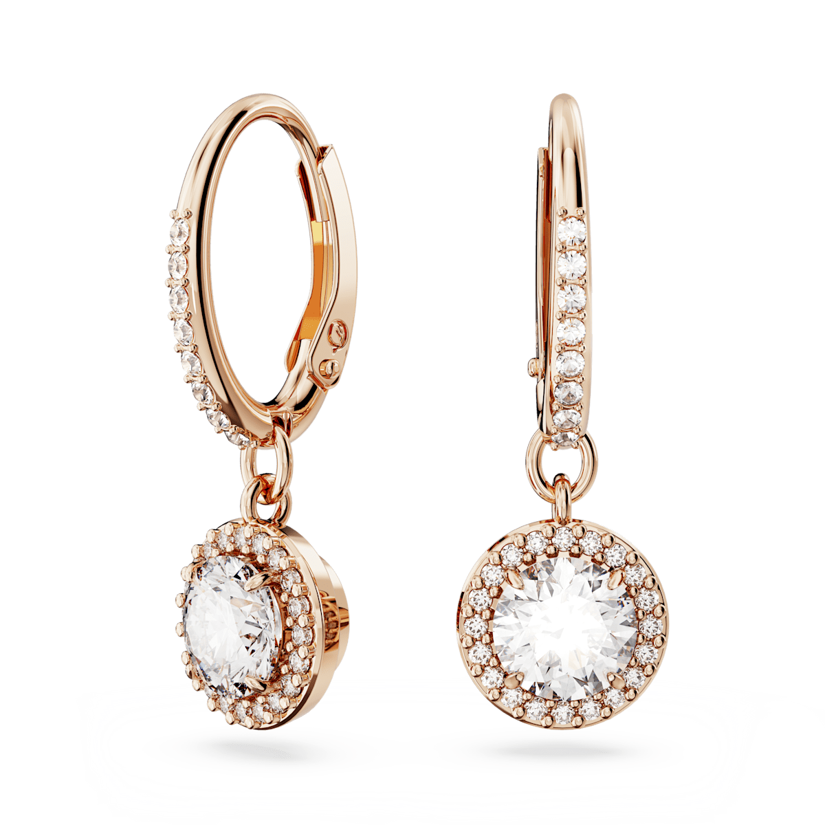 Constella drop earrings, Round cut, Pavé, White, Rose gold-tone plated