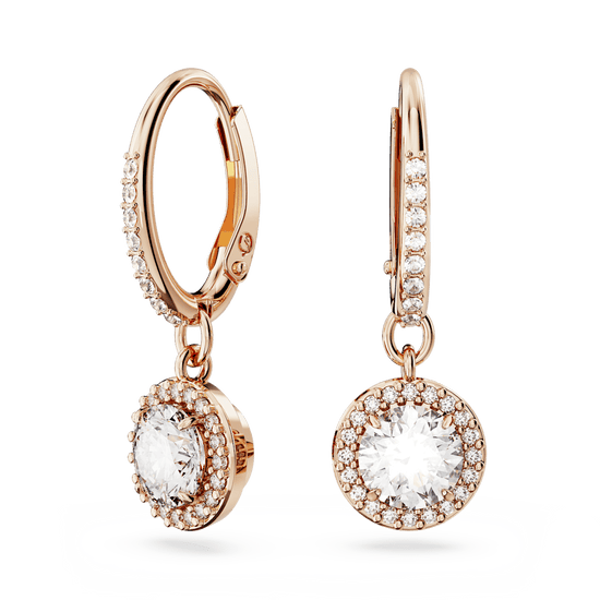 Constella drop earrings, Round cut, Pavé, White, Rose gold-tone plated