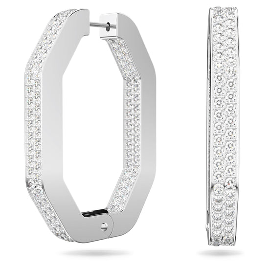 Dextera hoop earrings, Octagon shape, Large, White, Rhodium plated
