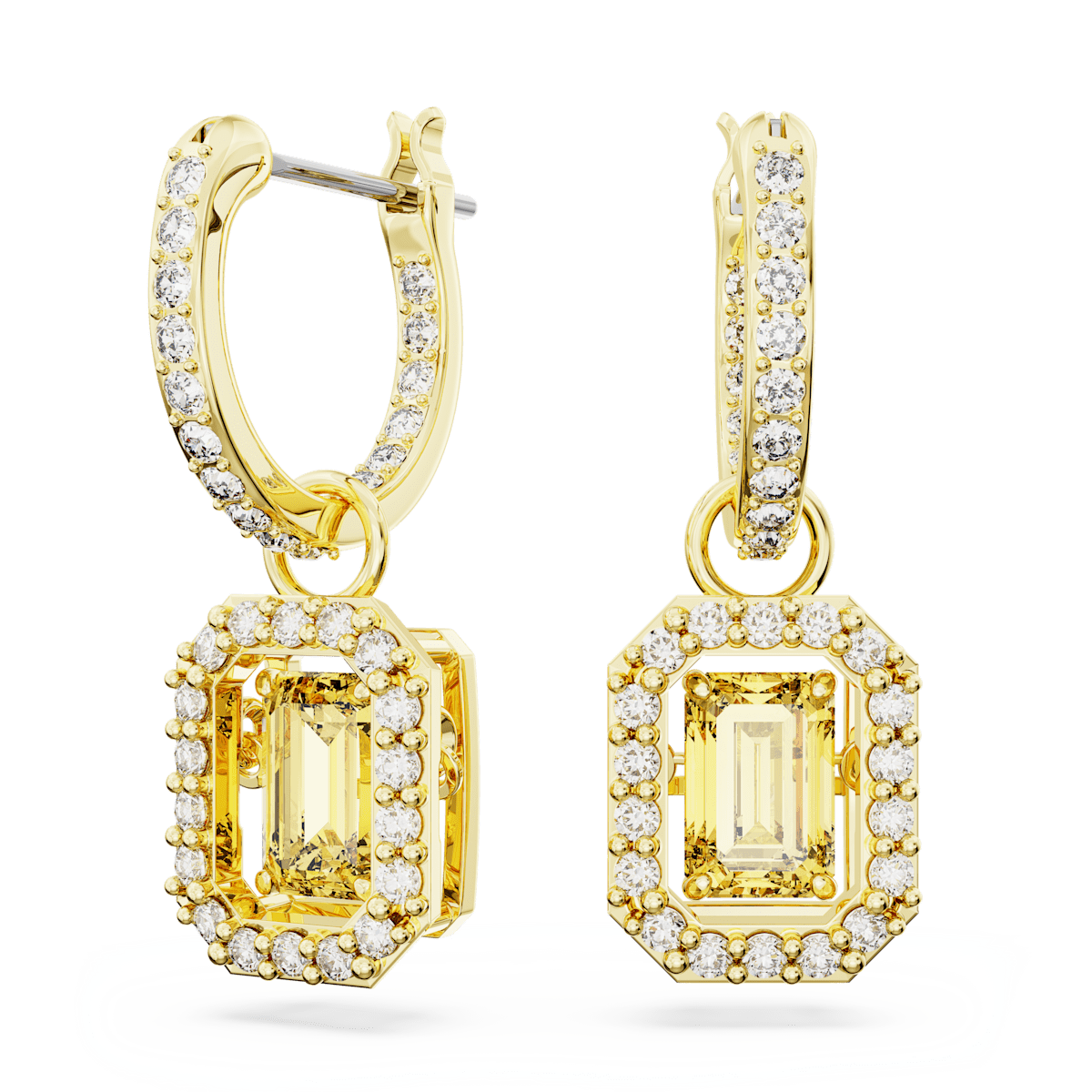 Millenia drop earrings, Octagon cut, Yellow, Gold-tone plated