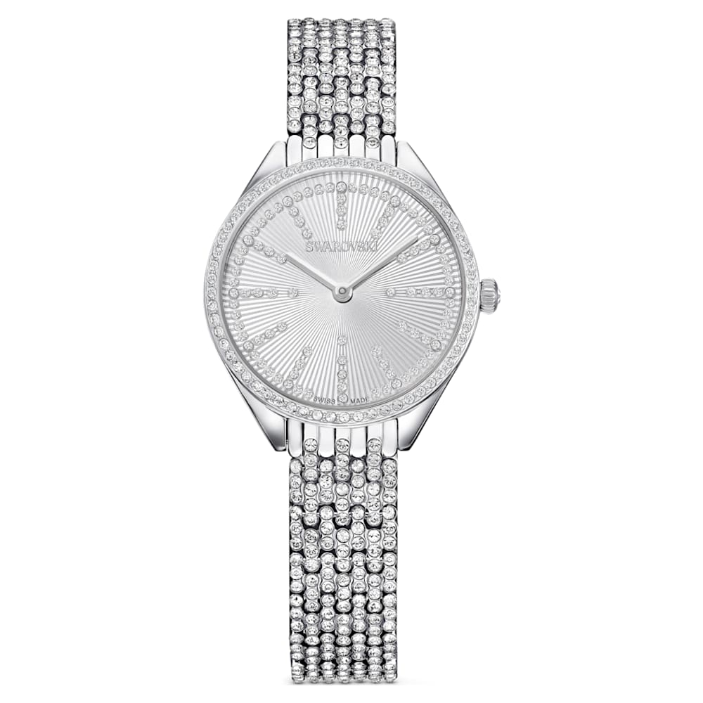Attract watch, Swiss Made, Full pavé, Metal bracelet, Silver tone, Stainless steel