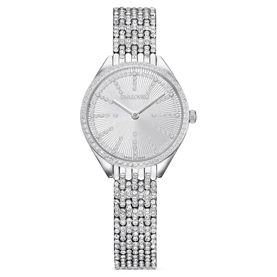 Attract watch, Swiss Made, Full pavé, Metal bracelet, Silver tone, Stainless steel