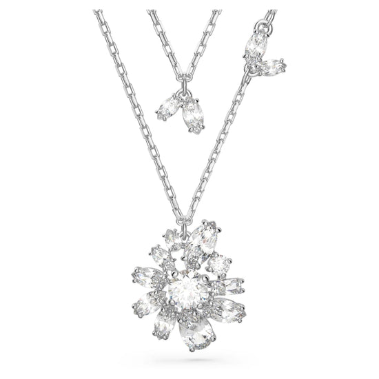 Gema layered necklace, Mixed cuts, Flower, White, Rhodium plated