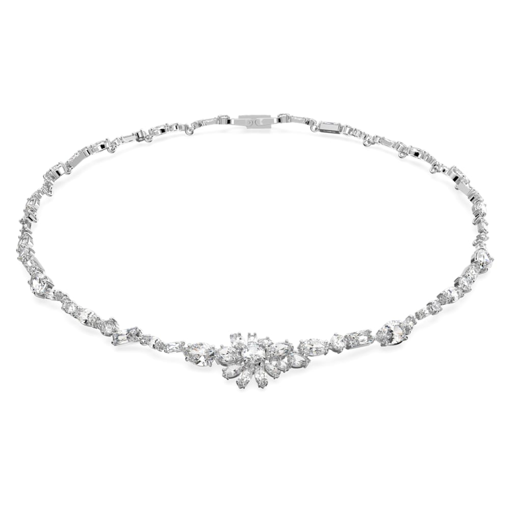 Gema necklace, Mixed cuts, Flower, White, Rhodium plated