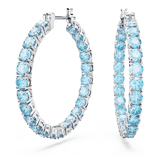 Matrix hoop earrings, Round cut, Blue, Rhodium plated