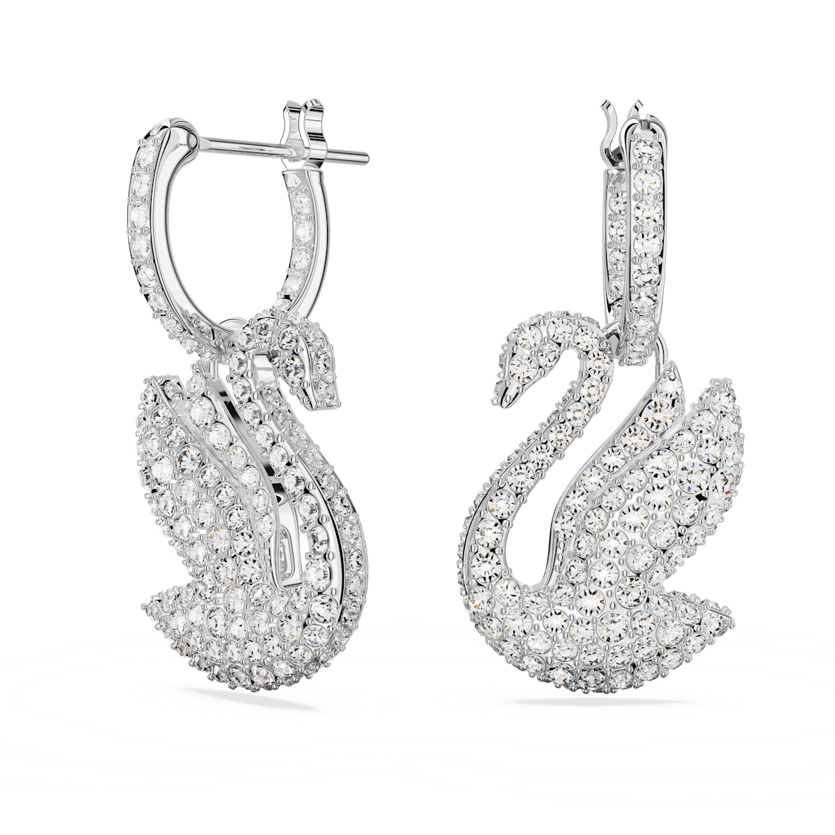 Swarovski Iconic Swan drop earrings, Swan, White, Rhodium plated