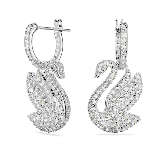 Swarovski Iconic Swan drop earrings, Swan, White, Rhodium plated