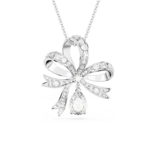 Volta pendant, Bow, Large, White, Rhodium plated