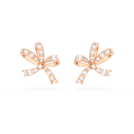 Volta stud earrings, Bow, Small, White, Rose gold-tone plated