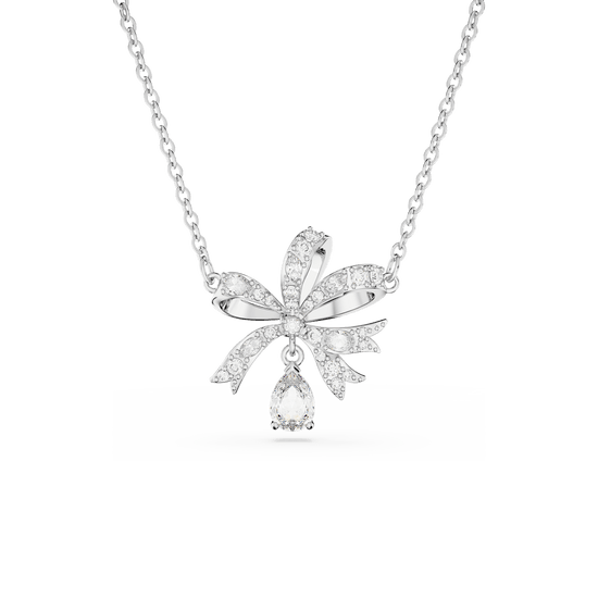 Volta necklace, Bow, Small, White, Rhodium plated