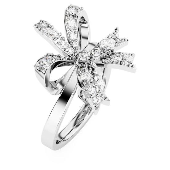 Volta cocktail ring, Bow, Small, White, Rhodium plated Size 60