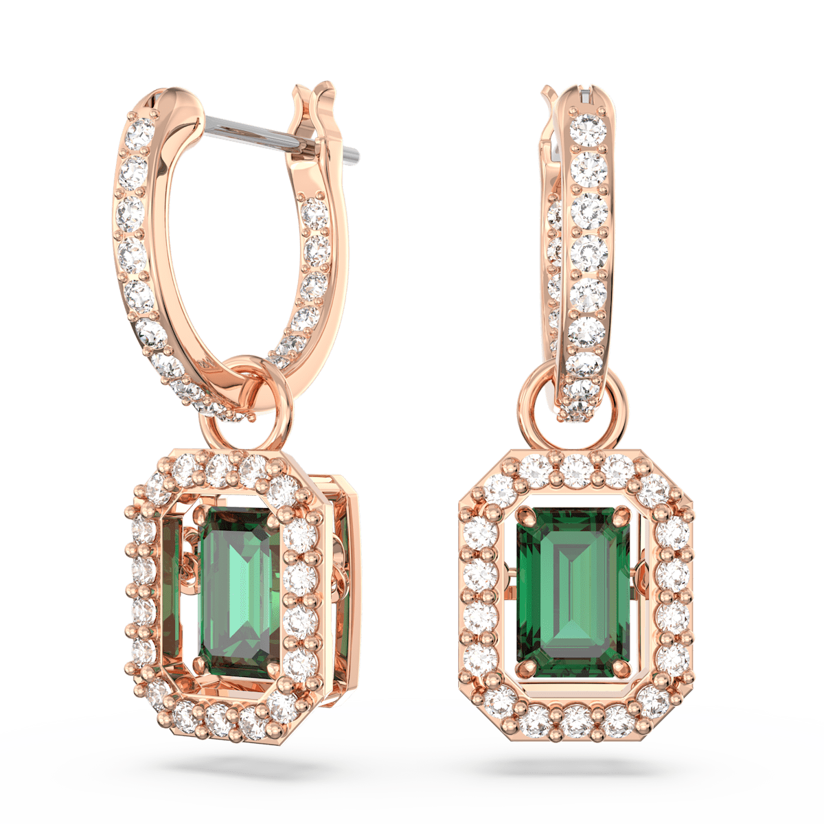 Millenia drop earrings, Octagon cut, Green, Rose gold-tone plated