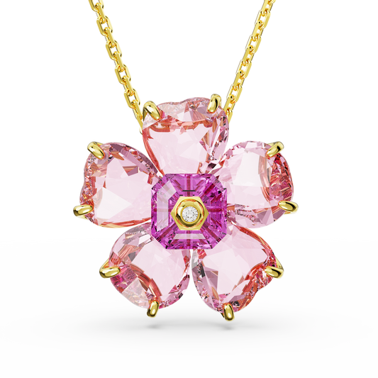 Florere necklace, Flower, Pink, Gold-tone plated