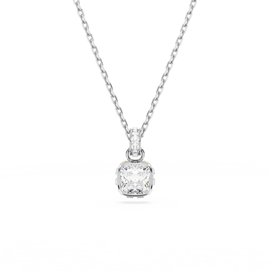 Birthstone pendant, Square cut, April, White, Rhodium plated