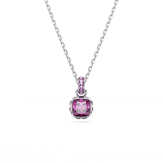 Birthstone pendant, Square cut, February, Pink, Rhodium plated