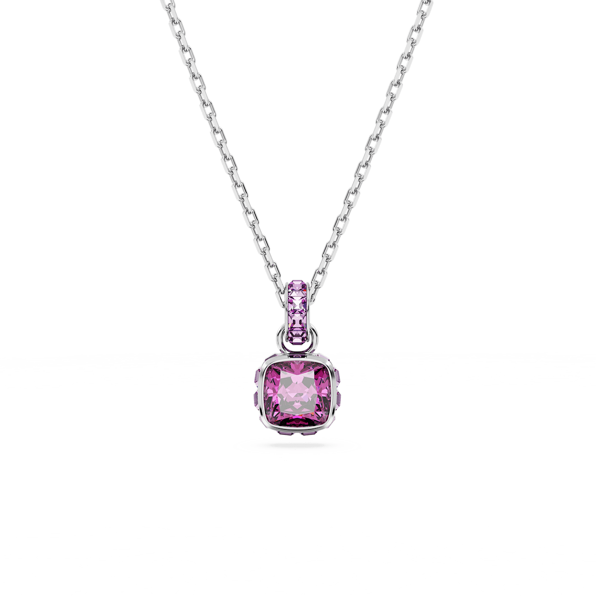 Birthstone pendant, Square cut, February, Pink, Rhodium plated