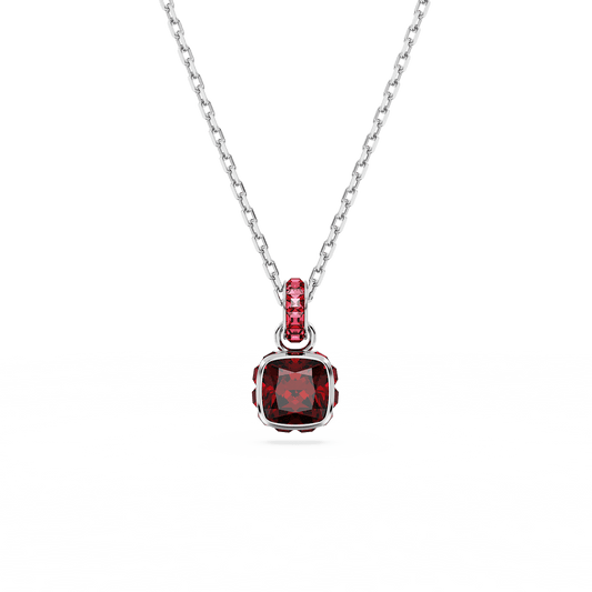 Birthstone pendant, Square cut, January, Red, Rhodium plated