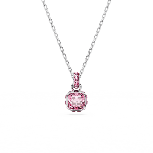 Birthstone pendant, Square cut, October, Pink, Rhodium plated