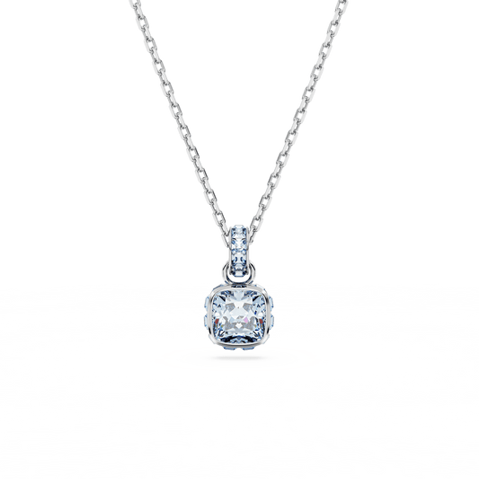 Birthstone pendant, Square cut, March, Blue, Rhodium plated