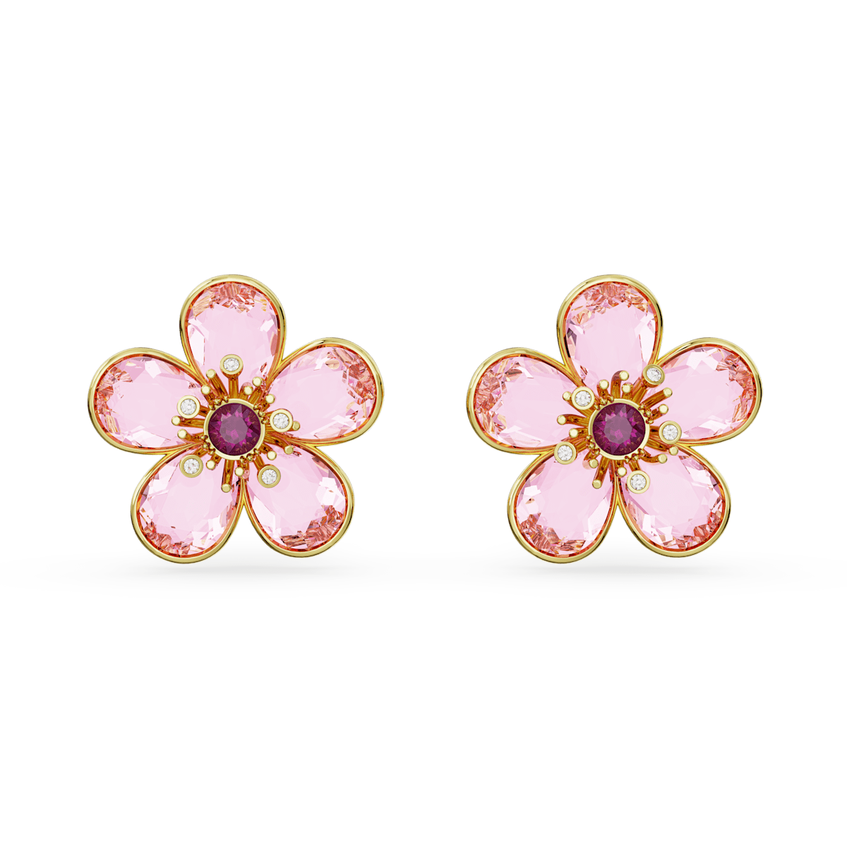 Florere stud earrings, Flower, Pink, Gold-tone plated