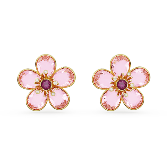 Florere stud earrings, Flower, Pink, Gold-tone plated