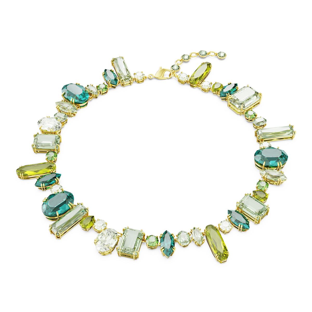 Gema necklace, Mixed cuts, Green, Gold-tone plated