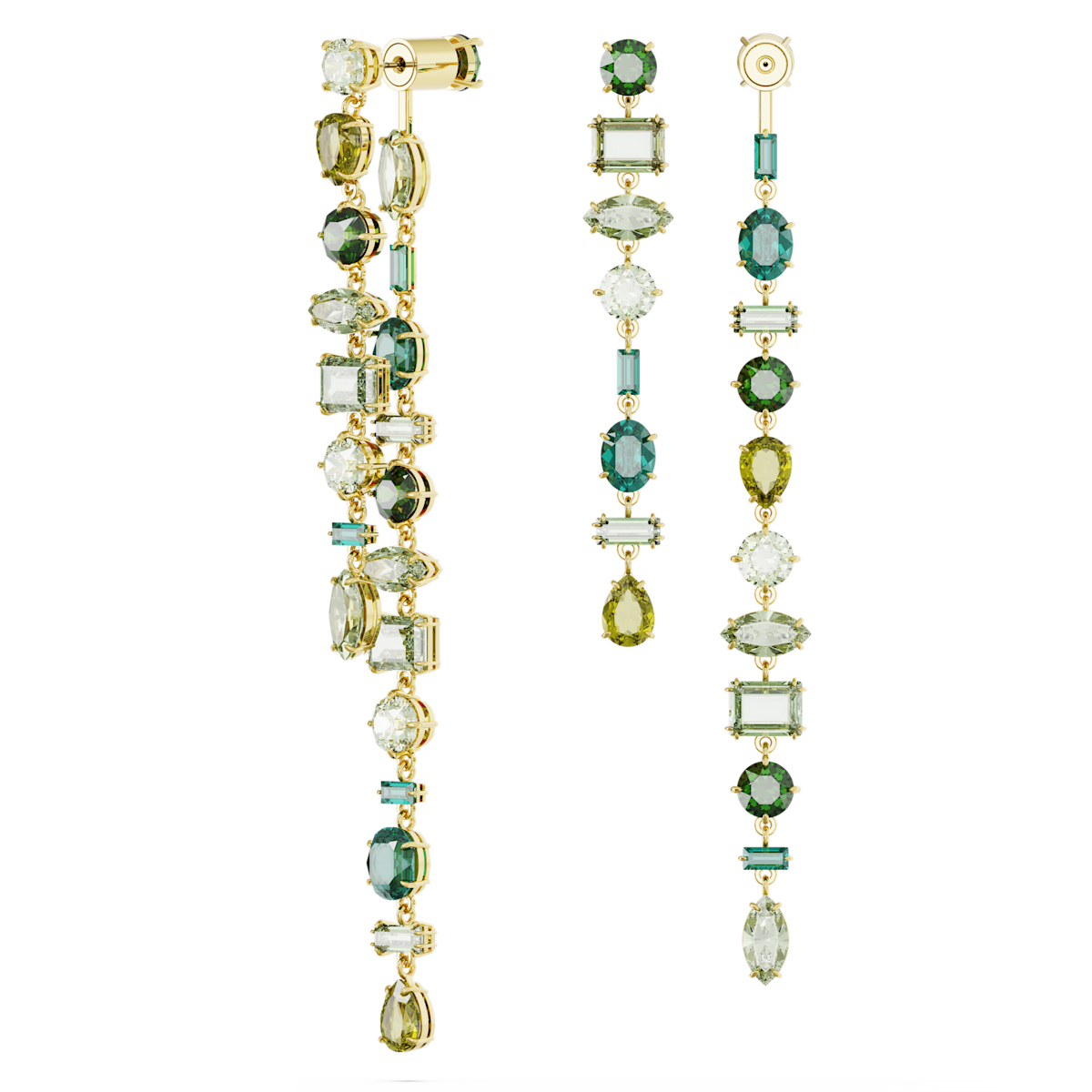 Gema drop earrings, Asymmetrical design, Mixed cuts, Extra long, Green, Gold-tone plated