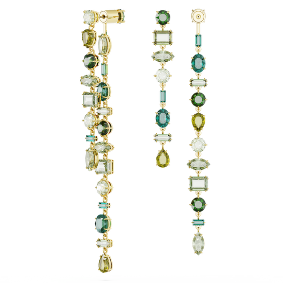 Gema drop earrings, Asymmetrical design, Mixed cuts, Extra long, Green, Gold-tone plated