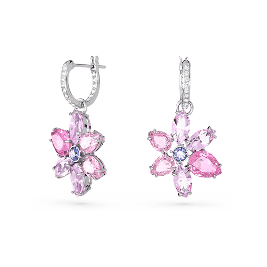 Gema drop earrings, Mixed cuts, Flower, Pink, Rhodium plated